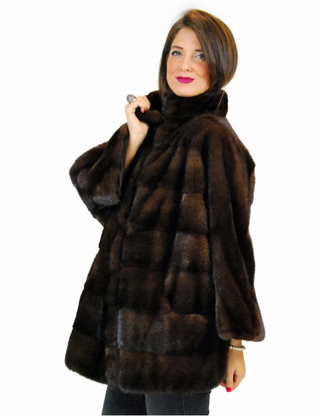 44 Giacca mantella orizzontale visone mogano fur mink pelz nerz норка fourrure vison 