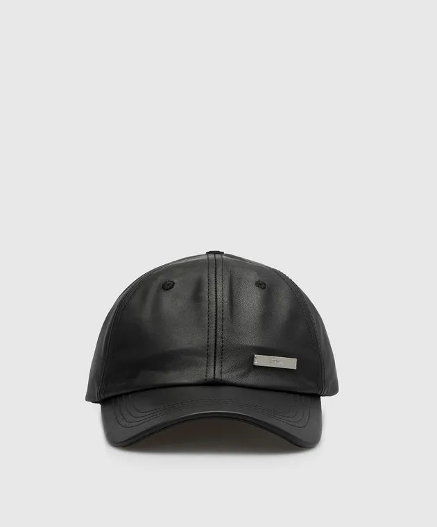C2H4 Cappellino in pelle nera con logo R004HT117