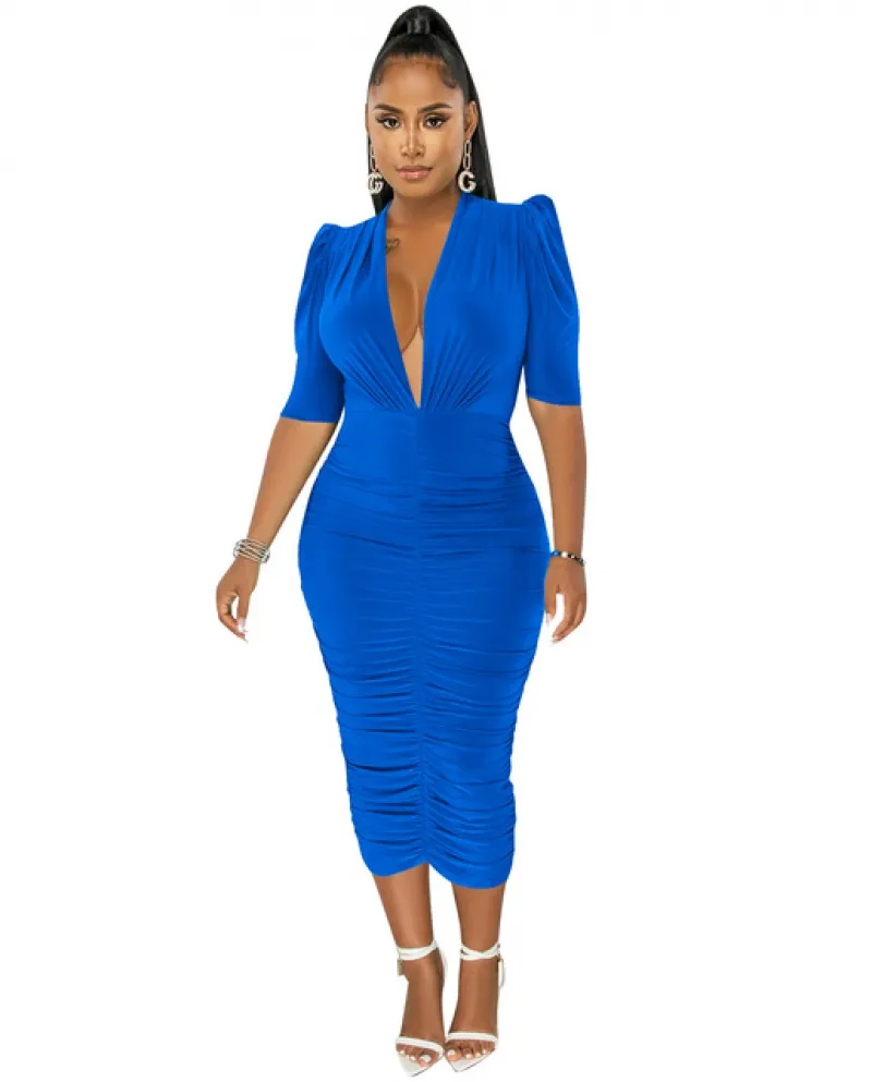 Cutuly Abbigliamento Lady Casual New Summer Abiti lunghi Donna Vestidos Abito da donna Solid Deep V Neck Pleated Medium Slee