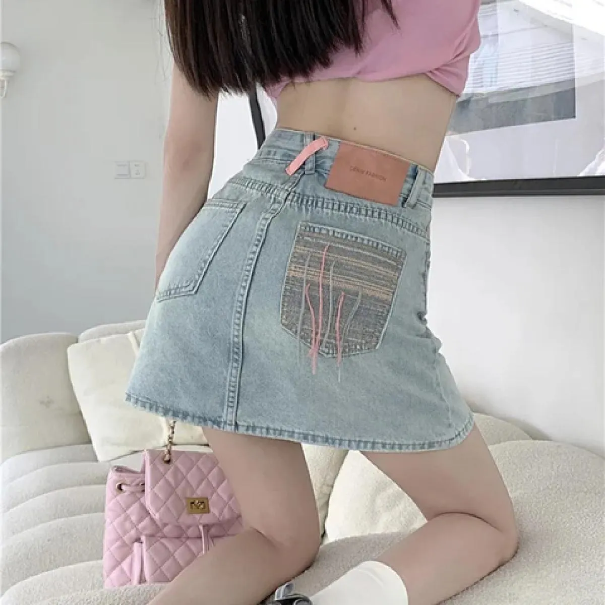 Zoki moda nappa donna gonna di jeans streetwear vita alta minigonna a linea tasche estive gonne Harajuku femminili